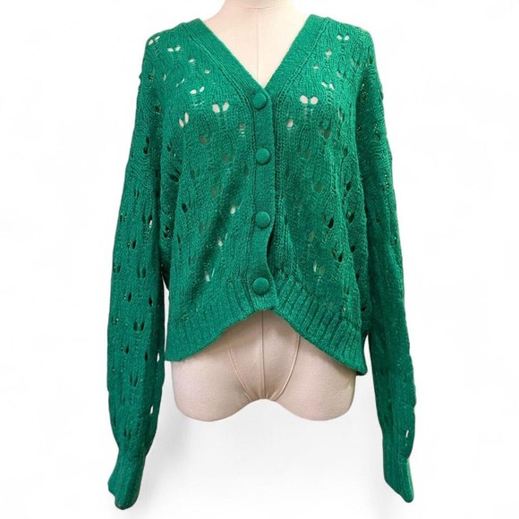 Cottage Core Green Crochet Cardigan Button Up Boho Chunky Knit L Soft Girl - Picture 2 of 7